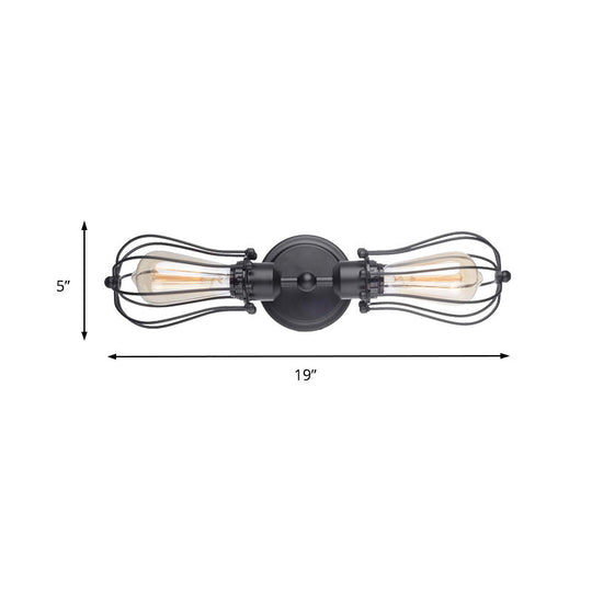 Matte Black Caged Metal Wall Sconce Lighting - Industrial 2-Bulb Design For Dining Room