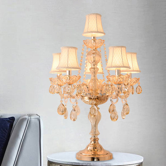 Traditional Gold Crystal Candelabra Table Lamp With White Bell Fabric Shade (5/6 Heads) Nightstand