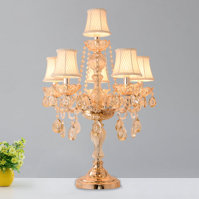 Traditional Gold Crystal Candelabra Table Lamp With White Bell Fabric Shade (5/6 Heads) Nightstand