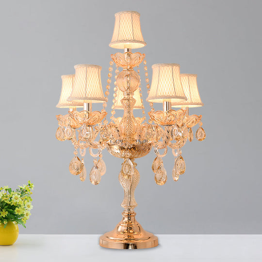 Traditional Gold Crystal Candelabra Table Lamp With White Bell Fabric Shade (5/6 Heads) Nightstand