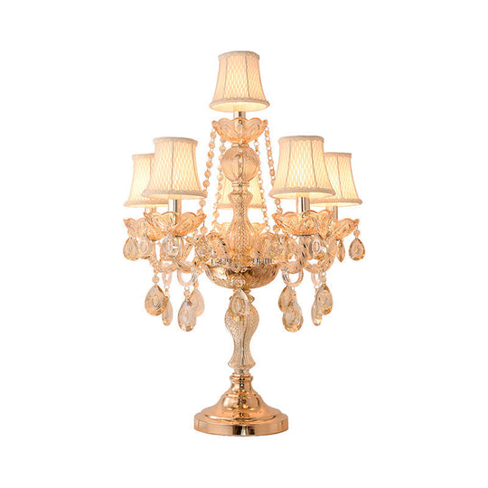 Traditional Gold Crystal Candelabra Table Lamp With White Bell Fabric Shade (5/6 Heads) Nightstand