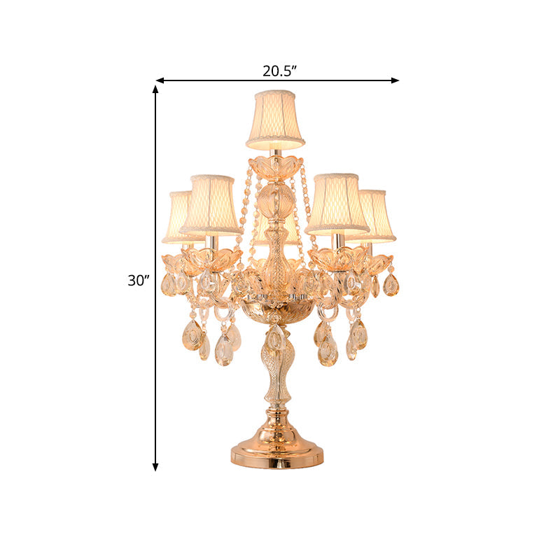 Traditional Gold Crystal Candelabra Table Lamp With White Bell Fabric Shade (5/6 Heads) Nightstand