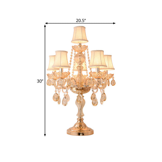 Traditional Gold Crystal Candelabra Table Lamp With White Bell Fabric Shade (5/6 Heads) Nightstand