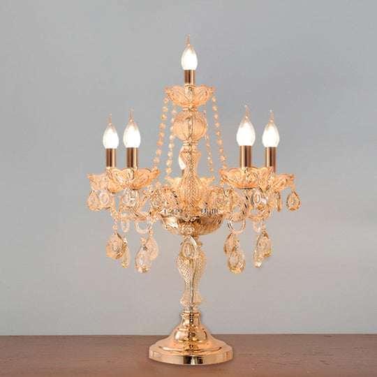 Traditional Gold Crystal Candelabra Table Lamp With White Bell Fabric Shade (5/6 Heads) Nightstand