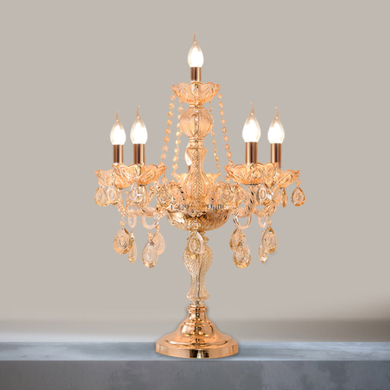 Traditional Gold Crystal Candelabra Table Lamp With White Bell Fabric Shade (5/6 Heads) Nightstand