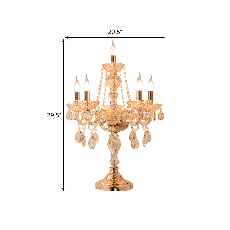 Traditional Gold Crystal Candelabra Table Lamp With White Bell Fabric Shade (5/6 Heads) Nightstand