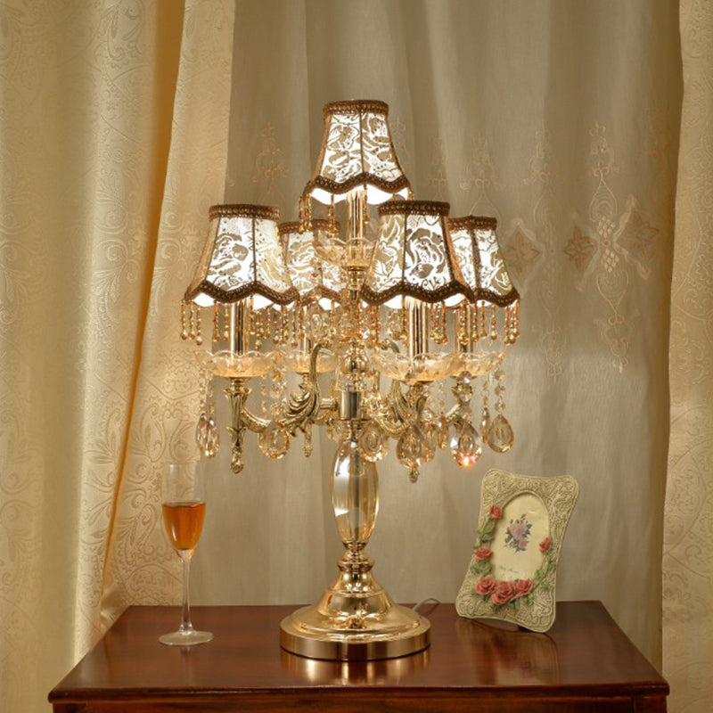 Traditional Gold Crystal Draping Table Lamp With Peony-Patterned Shade - 5 Heads Candle Nightstand