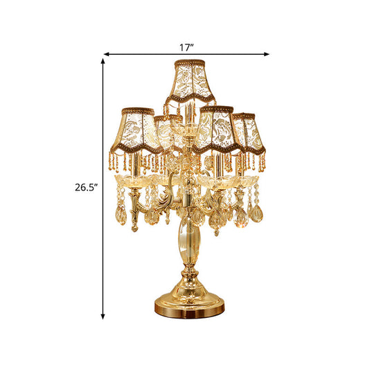 Traditional Gold Crystal Draping Table Lamp With Peony-Patterned Shade - 5 Heads Candle Nightstand