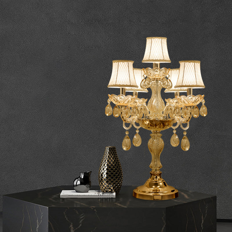 Traditional Gold Crystal Candlestick Table Lamp With White Bell Fabric Shade