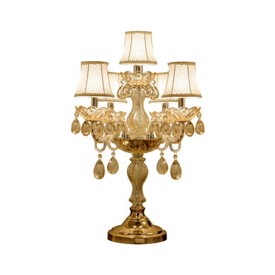 Traditional Gold Crystal Candlestick Table Lamp With White Bell Fabric Shade