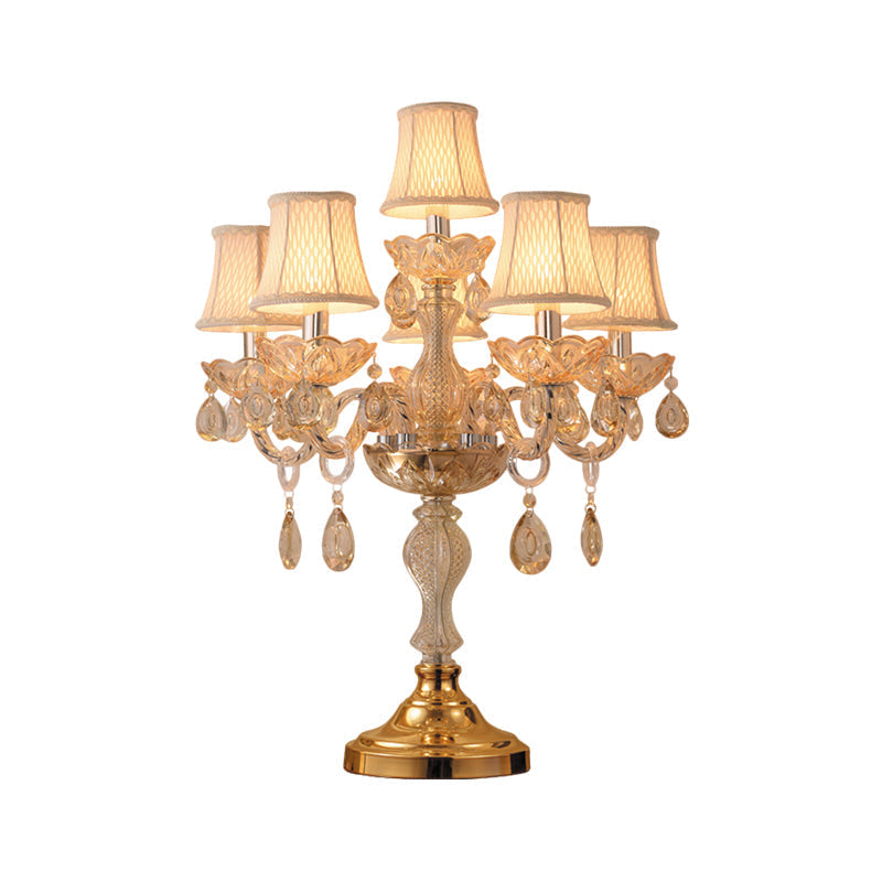 Traditional Gold Crystal Candlestick Table Lamp With White Bell Fabric Shade