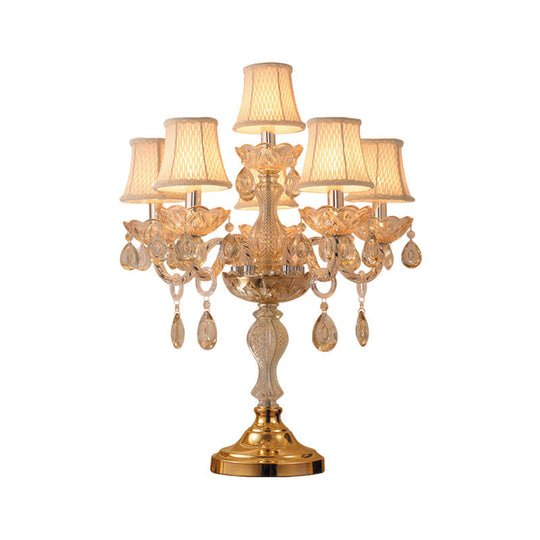 Traditional Gold Crystal Candlestick Table Lamp With White Bell Fabric Shade