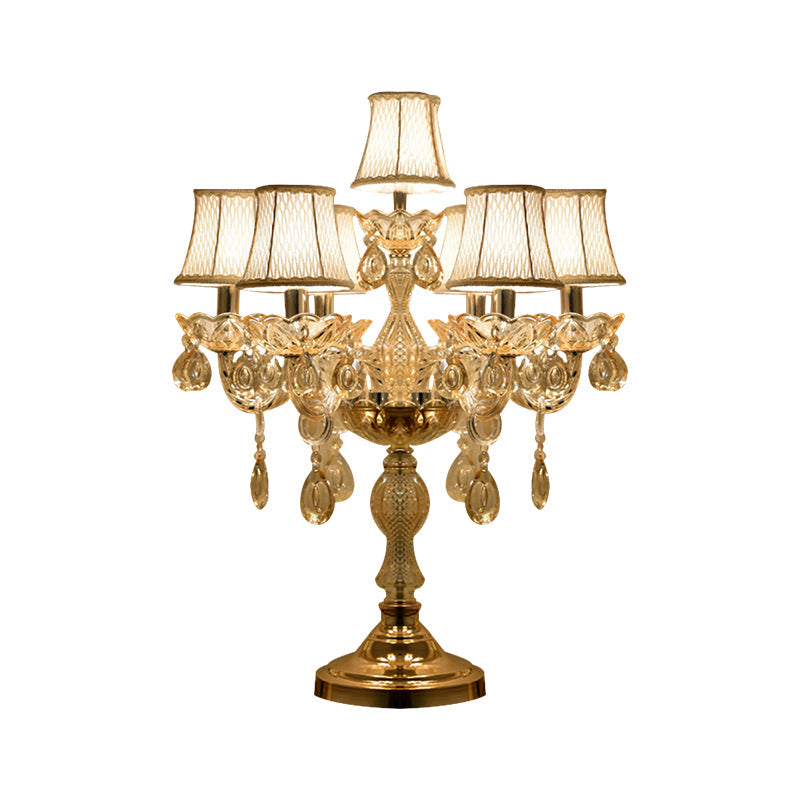 Traditional Gold Crystal Candlestick Table Lamp With White Bell Fabric Shade