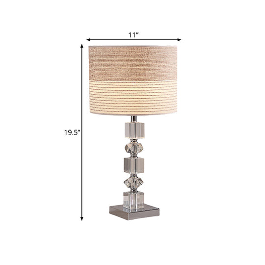 Traditional Beige Crystal Night Stand Lamp With Drum/Barrel Shade