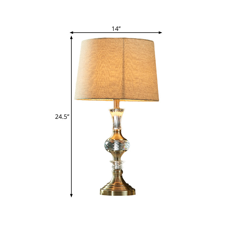 Beige Fabric Night Stand Lamp With Pleated Tapered Shade And Crystal Balls - Traditional Table Light