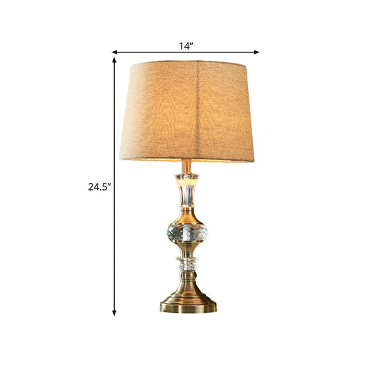 Beige Fabric Night Stand Lamp With Pleated Tapered Shade And Crystal Balls - Traditional Table Light