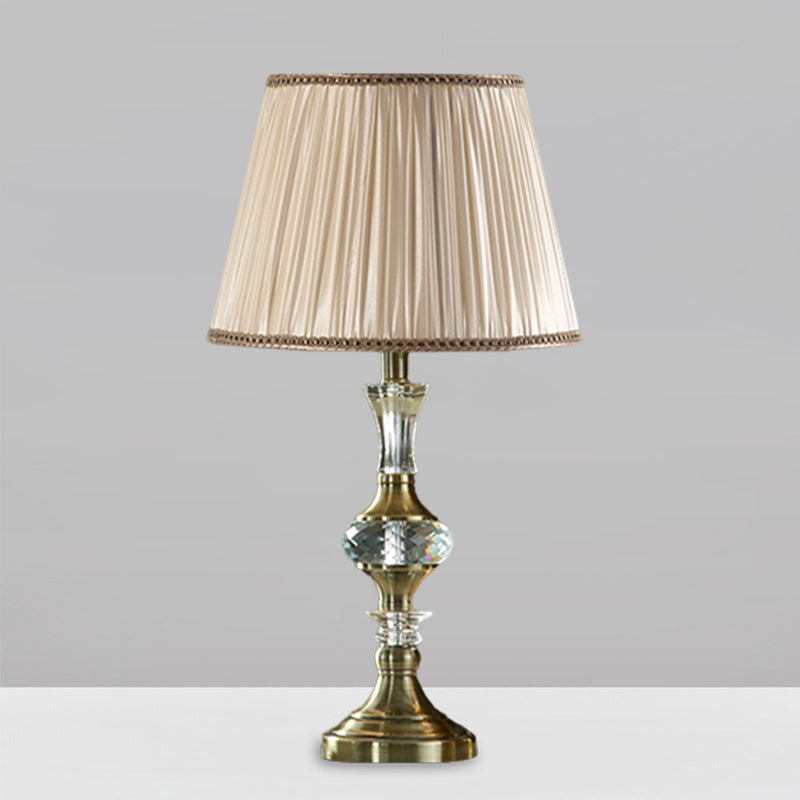 Beige Fabric Night Stand Lamp With Pleated Tapered Shade And Crystal Balls - Traditional Table Light