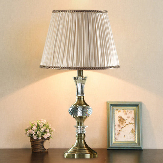 Beige Fabric Night Stand Lamp With Pleated Tapered Shade And Crystal Balls - Traditional Table Light