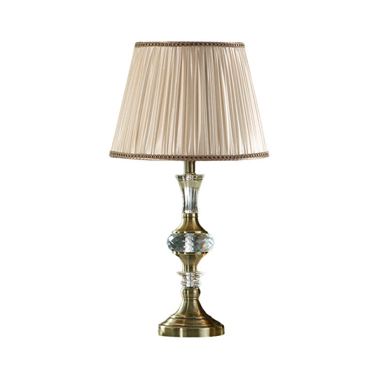 Beige Fabric Night Stand Lamp With Pleated Tapered Shade And Crystal Balls - Traditional Table Light