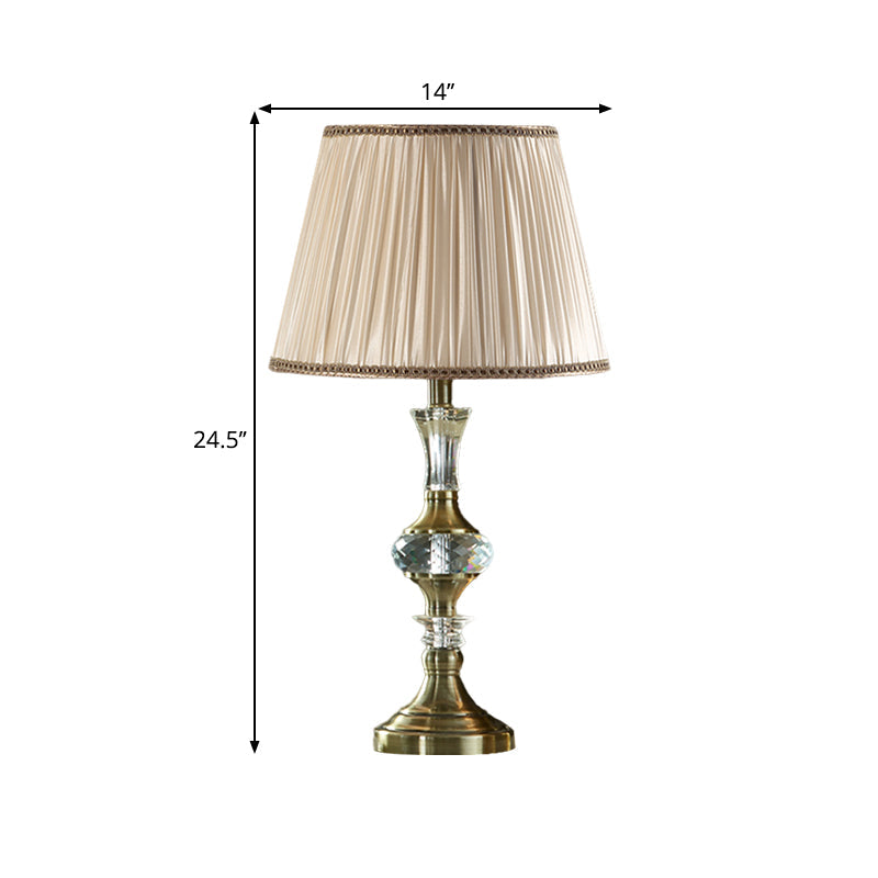 Beige Fabric Night Stand Lamp With Pleated Tapered Shade And Crystal Balls - Traditional Table Light