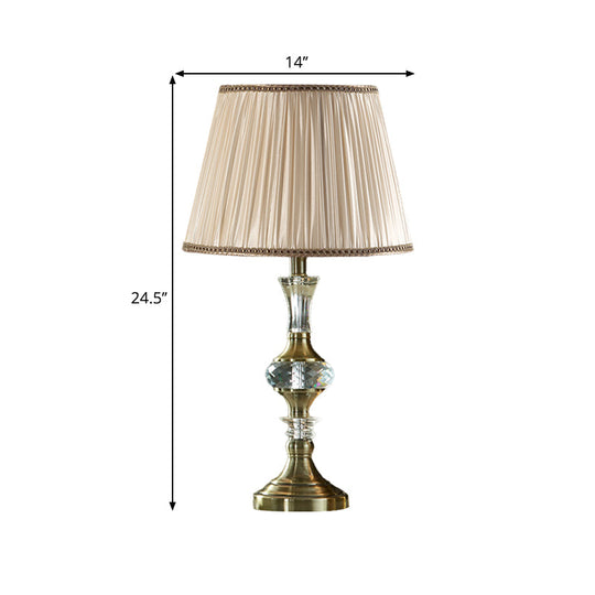 Beige Fabric Night Stand Lamp With Pleated Tapered Shade And Crystal Balls - Traditional Table Light