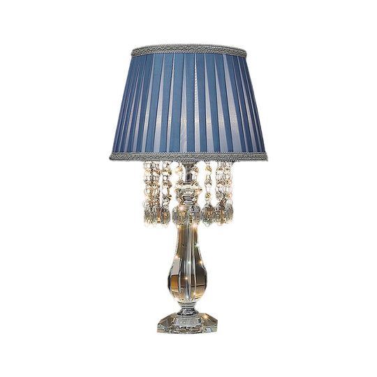 Beige/Burgundy/Sky Blue Traditional Nightstand Lamp With Crystal Beads And Bell/Pleated Shade For