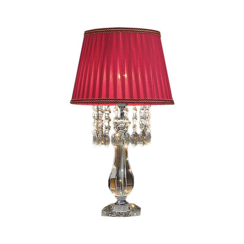 Beige/Burgundy/Sky Blue Traditional Nightstand Lamp With Crystal Beads And Bell/Pleated Shade For