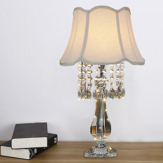 Beige/Burgundy/Sky Blue Traditional Nightstand Lamp With Crystal Beads And Bell/Pleated Shade For