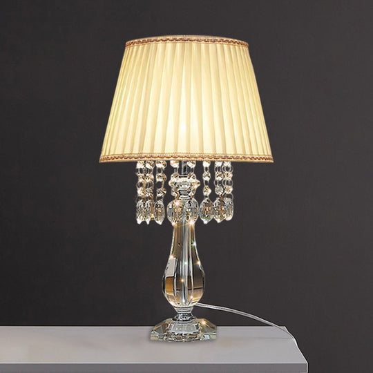 Beige/Burgundy/Sky Blue Traditional Nightstand Lamp With Crystal Beads And Bell/Pleated Shade For