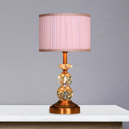 Pink Pleated Fabric Nightstand Lamp With Crystal Orbs: Traditional Design In Pink/White/Coffee Shade