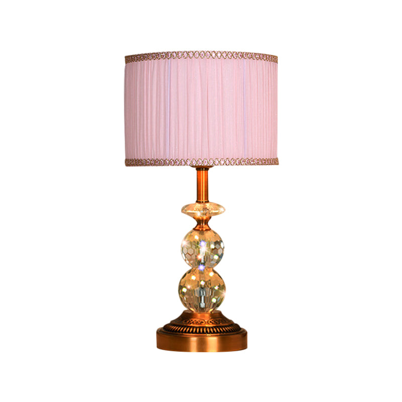 Pink Pleated Fabric Nightstand Lamp With Crystal Orbs: Traditional Design In Pink/White/Coffee Shade