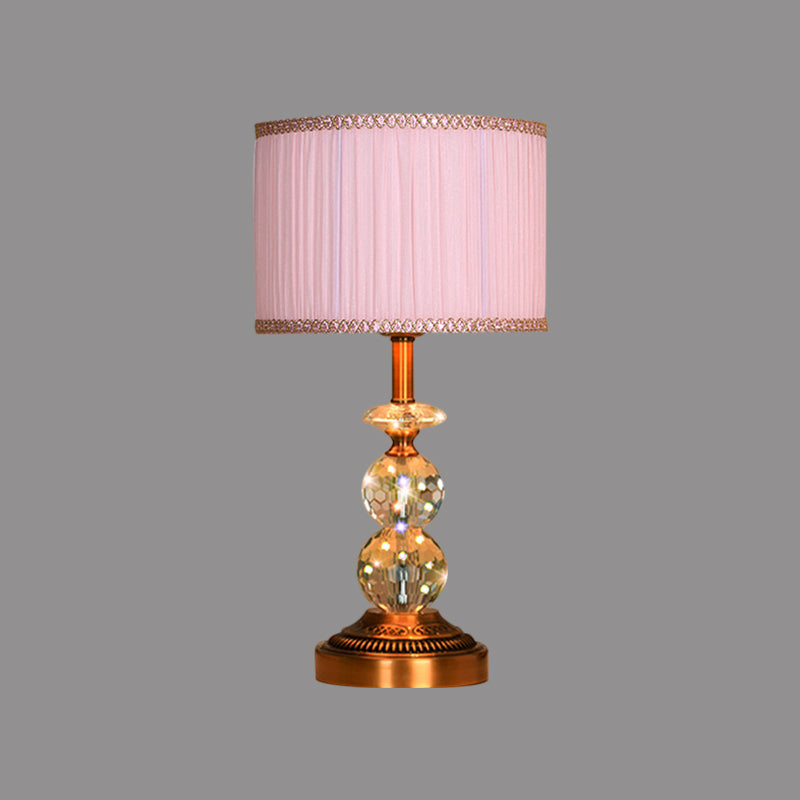 Pink Pleated Fabric Nightstand Lamp With Crystal Orbs: Traditional Design In Pink/White/Coffee Shade