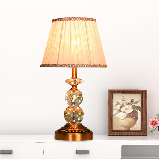 Pink Pleated Fabric Nightstand Lamp With Crystal Orbs: Traditional Design In Pink/White/Coffee Shade