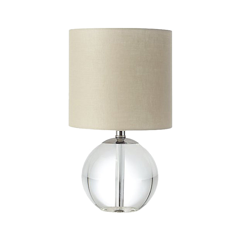 Traditional Beige 1-Head Nightstand Lamp With Fabric Cylindrical Shade And Crystal Spherical Base