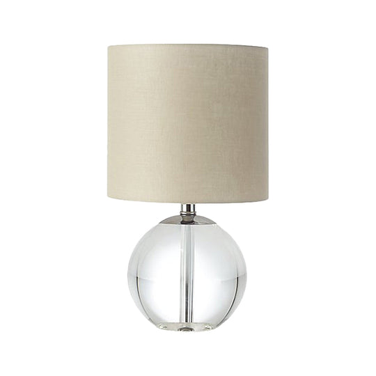 Traditional Beige 1-Head Nightstand Lamp With Fabric Cylindrical Shade And Crystal Spherical Base