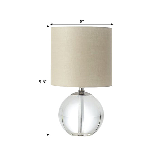 Traditional Beige 1-Head Nightstand Lamp With Fabric Cylindrical Shade And Crystal Spherical Base