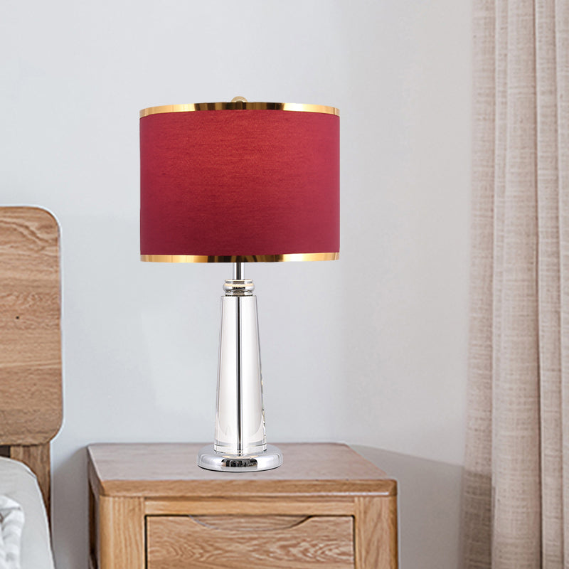 Burgundy Nightstand Lamp: Traditional Fabric Shade Crystal Lamp-Post 1 Bulb