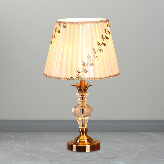 Traditional Fabric Table Lamp With Leaf-And-Vine Pattern 1 Bulb White Crystal Nightstand Light Clear