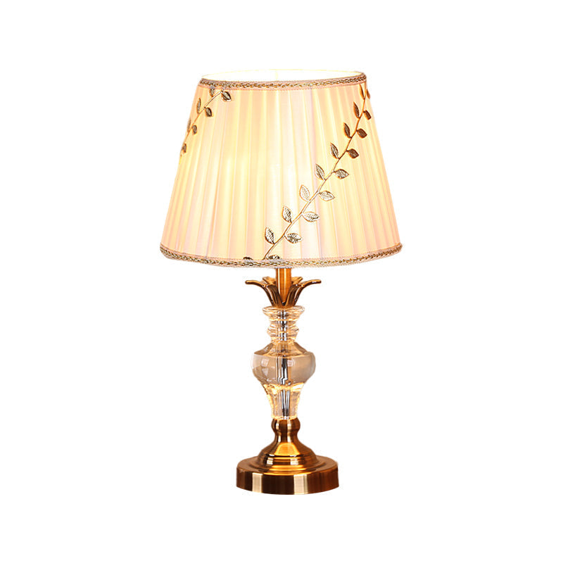 Traditional Fabric Table Lamp With Leaf-And-Vine Pattern 1 Bulb White Crystal Nightstand Light