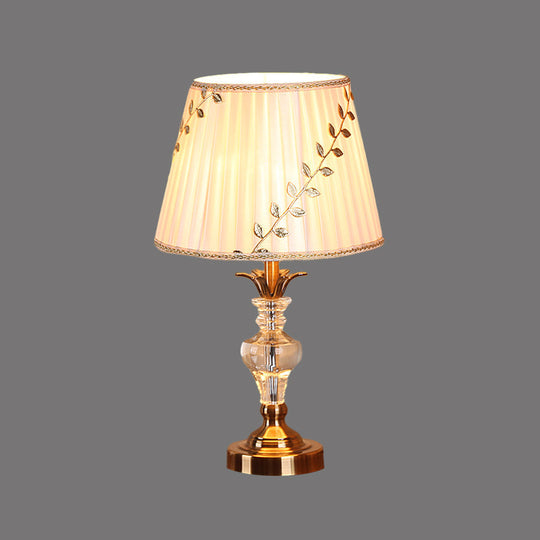 Chloe - Leaf Leaf-and-Vine Patterned Shade Bedroom Table Light Traditional Fabric 1 Bulb White Crystal Night Stand Lamp