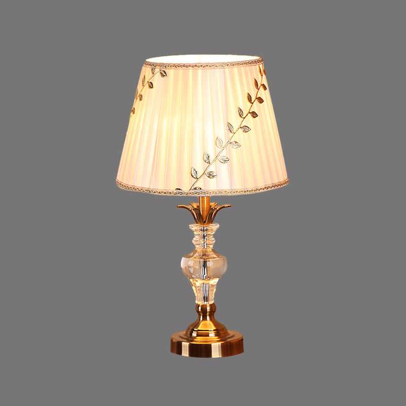 Traditional Fabric Table Lamp With Leaf-And-Vine Pattern 1 Bulb White Crystal Nightstand Light