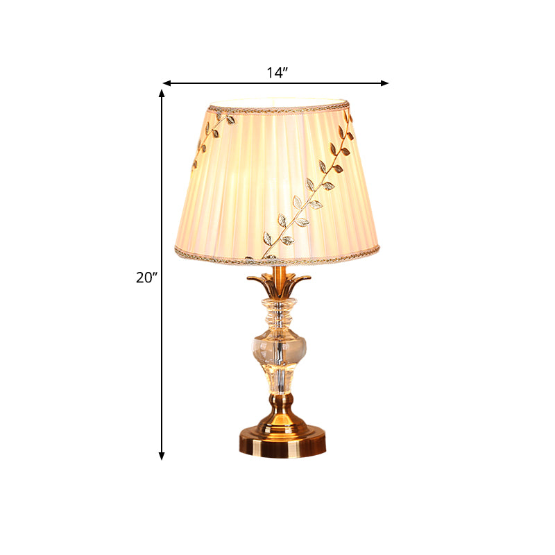 Traditional Fabric Table Lamp With Leaf-And-Vine Pattern 1 Bulb White Crystal Nightstand Light