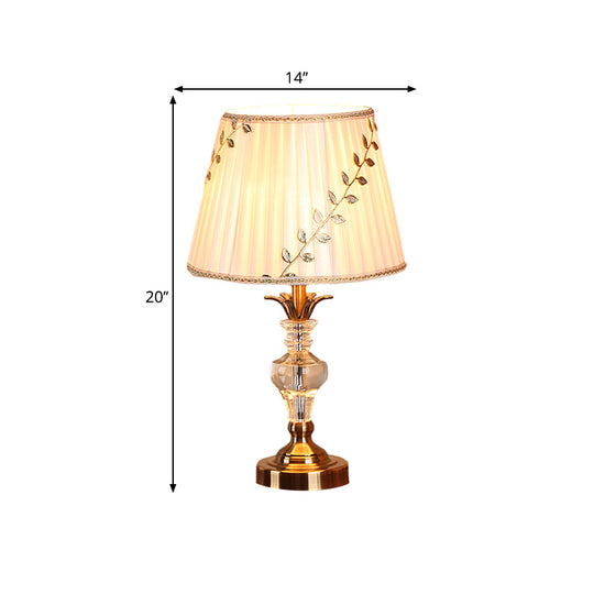 Traditional Fabric Table Lamp With Leaf-And-Vine Pattern 1 Bulb White Crystal Nightstand Light