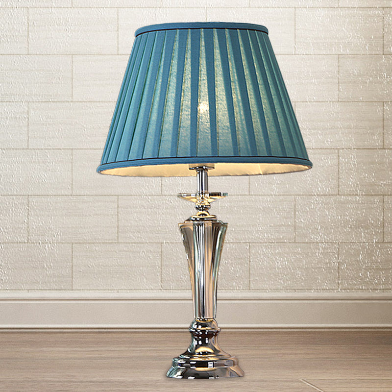 Blue/White Fabric Nightstand Lamp With Pleated/Scalloped Shade - Traditional Crystal Table Light For