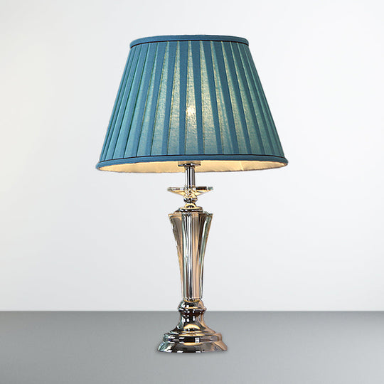 Blue/White Fabric Nightstand Lamp With Pleated/Scalloped Shade - Traditional Crystal Table Light For