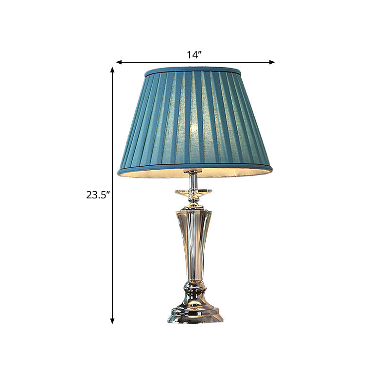 Blue/White Fabric Nightstand Lamp With Pleated/Scalloped Shade - Traditional Crystal Table Light For