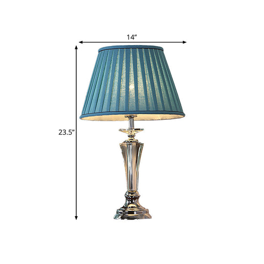 Blue/White Fabric Nightstand Lamp With Pleated/Scalloped Shade - Traditional Crystal Table Light For