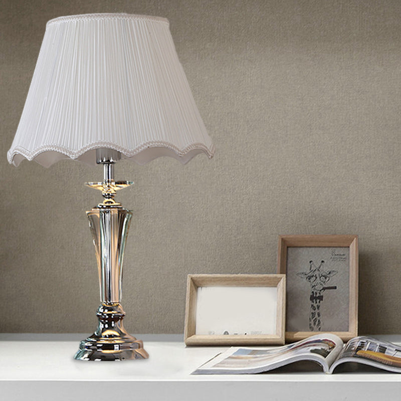 Blue/White Fabric Nightstand Lamp With Pleated/Scalloped Shade - Traditional Crystal Table Light For