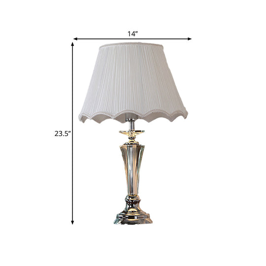 Blue/White Fabric Nightstand Lamp With Pleated/Scalloped Shade - Traditional Crystal Table Light For