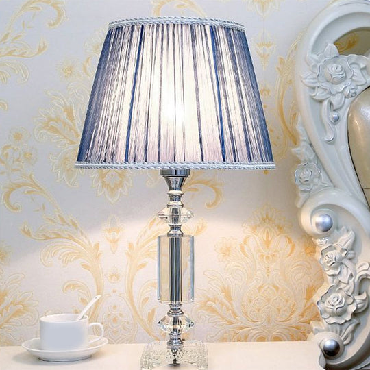 Traditional Blue/Cream Gray/Beige Tapered Pleated Shade Table Lamp With Crystal Base